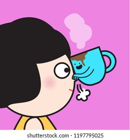 Woman Smells Coffee Aroma Like A Cup Of Coffee Stick On Her Nose. Concept Of Coffee Lovers Card Character illustration