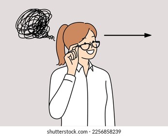 Woman with smile adjusts glasses and looks away standing near arrow and tangled long line. Concept order in thought process and unraveling complex psychological problems