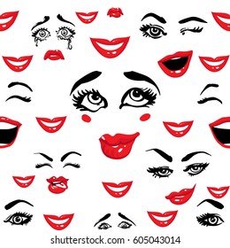 Woman smile, cry, laugh, wasn't me, smirk, sad, tongue, wink vector emoticons, emoji, smiley icons, characters. Fashion illustrated women's emotional faces seamless pattern.