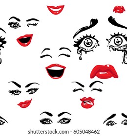 Woman smile, cry, laugh, wasn't me, smirk, sad, tongue, wink vector emoticons, emoji, smiley icons, characters. Fashion illustrated women's emotional faces seamless pattern.