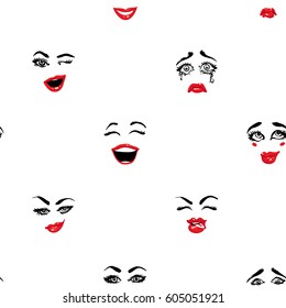 Woman smile, cry, laugh, wasn't me, smirk, sad, tongue, wink vector emoticons, emoji, smiley icons, characters. Fashion illustrated women's emotional faces seamless pattern.