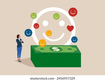 Woman with smile face with lovely heart metaphor of happiness and joyful. Work happiness, enjoy working or career satisfaction. Flat vector illustration