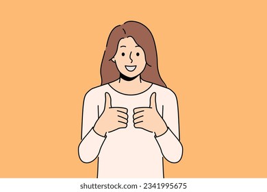 Woman with smile gives two thumbs up in agreement with your proposed course of action. Young girl with smile gives thumbs up approving advertised product or giving high rating to services of tutor