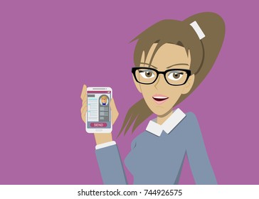 woman smile and hand holding smart phone to send resume for find work, flat style design