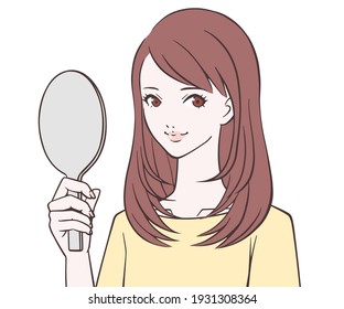 A woman with a smile and a hand mirror 