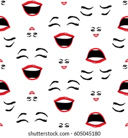 Woman smile and laugh vector emoticons, emoji, smiley icons, characters. Fashion illustrated women's emotional faces seamless pattern.