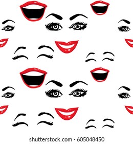 Woman smile and laugh vector emoticons, emoji, smiley icons, characters. Fashion illustrated women's emotional faces seamless pattern.