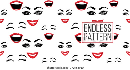 Woman smile and laugh vector emoticons, emoji, smiley icons, characters. Fashion illustrated women's emotional faces seamless pattern.