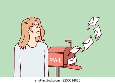 Woman with smile looks at letters flying out of street mailbox, rejoicing at fast delivery of postal items. Cheerful girl receiving many messages from boyfriend or friends. Flat vector illustration