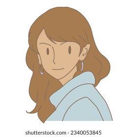 Woman with smile on face staring, looking at someone or something. Hand drawn flat cartoon character vector illustration.