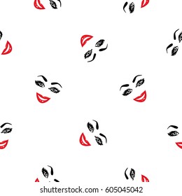 Woman smile vector emoticons, emoji, smiley icons, characters. Fashion illustrated women's emotional faces seamless pattern.