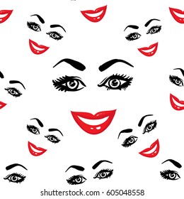 Woman smile vector emoticons, emoji, smiley icons, characters. Fashion illustrated women's emotional faces seamless pattern.