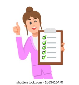 a woman smiled while holding a checklist