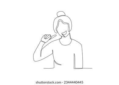 A woman smiled while pointing at the cheek. World smile day one-line drawing