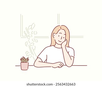  woman smiles brightly. Hand drawn style vector design illustrations.	