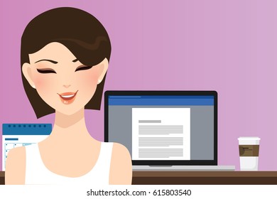 woman smiles in front of computer, working in home office as a copy writer, illustration of beautiful happy girl or student.