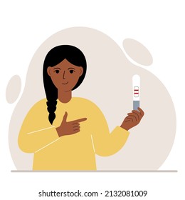 A woman smiles and looks at a positive pregnancy test result. Vector flat illustration