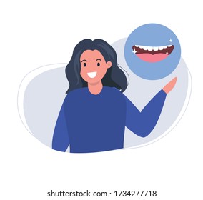 Woman Smiles. Smiling Mouth With Healthy Teeth. Oral Hygiene And Dental  Procedures Concept. Cute Vector Illustration In Flat