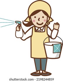 A woman in a smiling apron and sling with a sanitizing spray and a bucket.