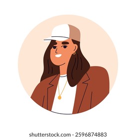 Woman smiling, avatar. Young female face, head portrait in baseball cap, blazer, modern stylish outfit, casual apparel. Girl, user profile icon. Flat vector illustration isolated on white background