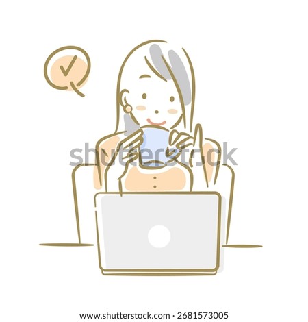A woman smiling and drinking coffee in front of a laptop. A soft, stylish line drawing illustration