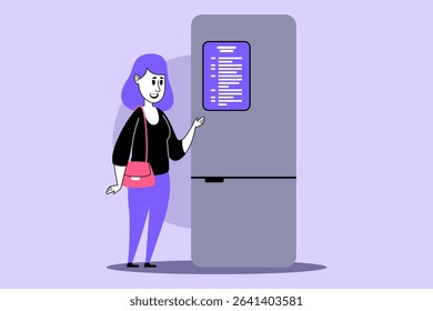 Woman smiling and engaging with smart refrigerator in contemporary kitchen. Kitchen technology concept