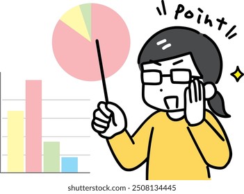 A woman smiling and explaining in front of a graph