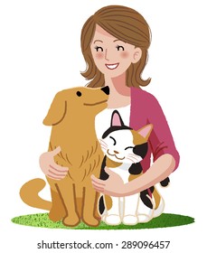A Woman Smiling Eyes At Her Dog And A Cat,embracing  Them.