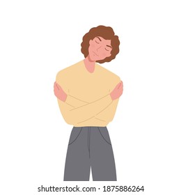 Woman with smiling face hugging herself. Young girl embraces herself with positive expressions on her face. Concept of self-love and self-acceptance. Flat cartoon illustration isolated 