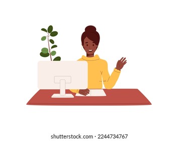 Woman smiling and greeting via internet during online video call. African American employee sitting at office work desk.Virtual communication concept. Vector illustration isolated on white background