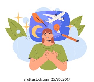 Woman smiling with hands on chest amid creative symbols like airplane, moon, feather, lightbulb, and leaves on a light background. Concept of imagination. Vector illustration