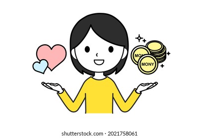 A woman smiling with a heart and money in both hands