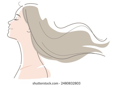 A woman smiling and her untied long hair blew in the wind. Vector illustration in line drawing, isolated on white background.