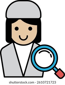 A woman is smiling and holding a magnifying glass. Concept of curiosity and exploration