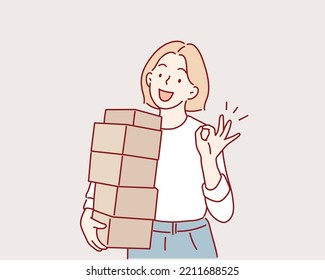 woman smiling and holding package parcel box isolated on white background, Delivery courier and shipping service concept. Hand drawn style vector design illustrations.