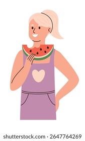 Woman smiling and holding a slice of watermelon. Flat vector illustration.