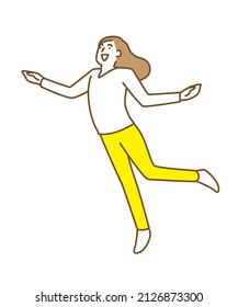 A woman smiling and jumping for joy.