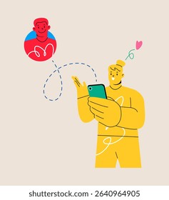Woman smiling looking at phone and texting with boyfriend. Colorful vector illustration 
