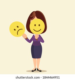 Woman with a smiling mask on her face, hiding her real mood. Hypocrisy and imitation of good feelings. Vector illustration, flat design, cartoon style, isolated background.
