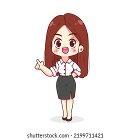 Woman smiling and pointing to empty copy space business woman character hand drawn cartoon illustration