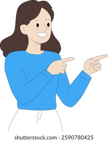 A woman smiling and pointing to the side with both hands