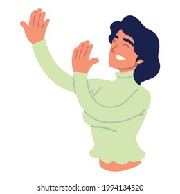 woman smiling raised both hands