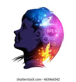A woman smiling with science and education on her mind. Creative double exposure vector illustration.