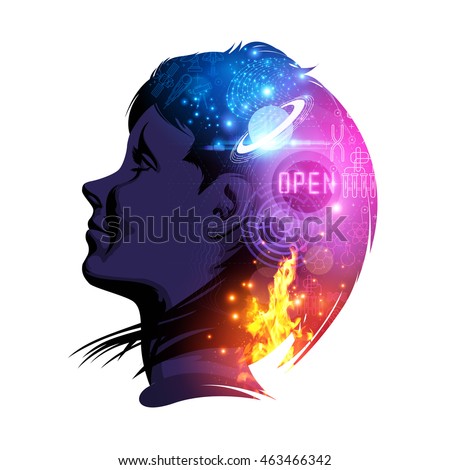 A woman smiling with science and education on her mind. Creative double exposure vector illustration.