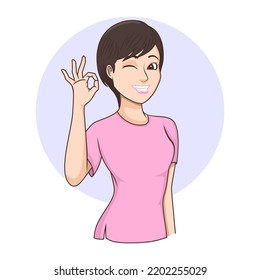 woman smiling showing ok hand sign vector illustration