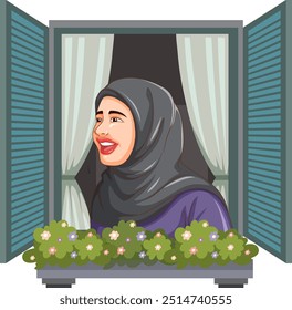 A woman smiling through an open window