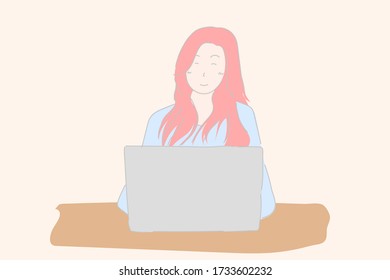 Woman smiling and using laptop computer for concept work form home learning form internet shopping online or reading news.