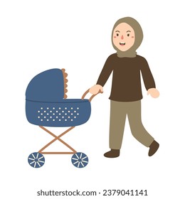 Woman smiling and walking with baby carriage