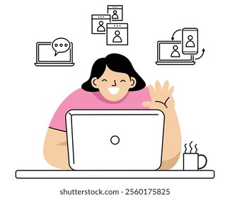 Woman smiling and waving while attending an online meeting on a laptop.