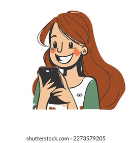 Mujer sonriendo mientras mira su teléfono, imagen vectorial